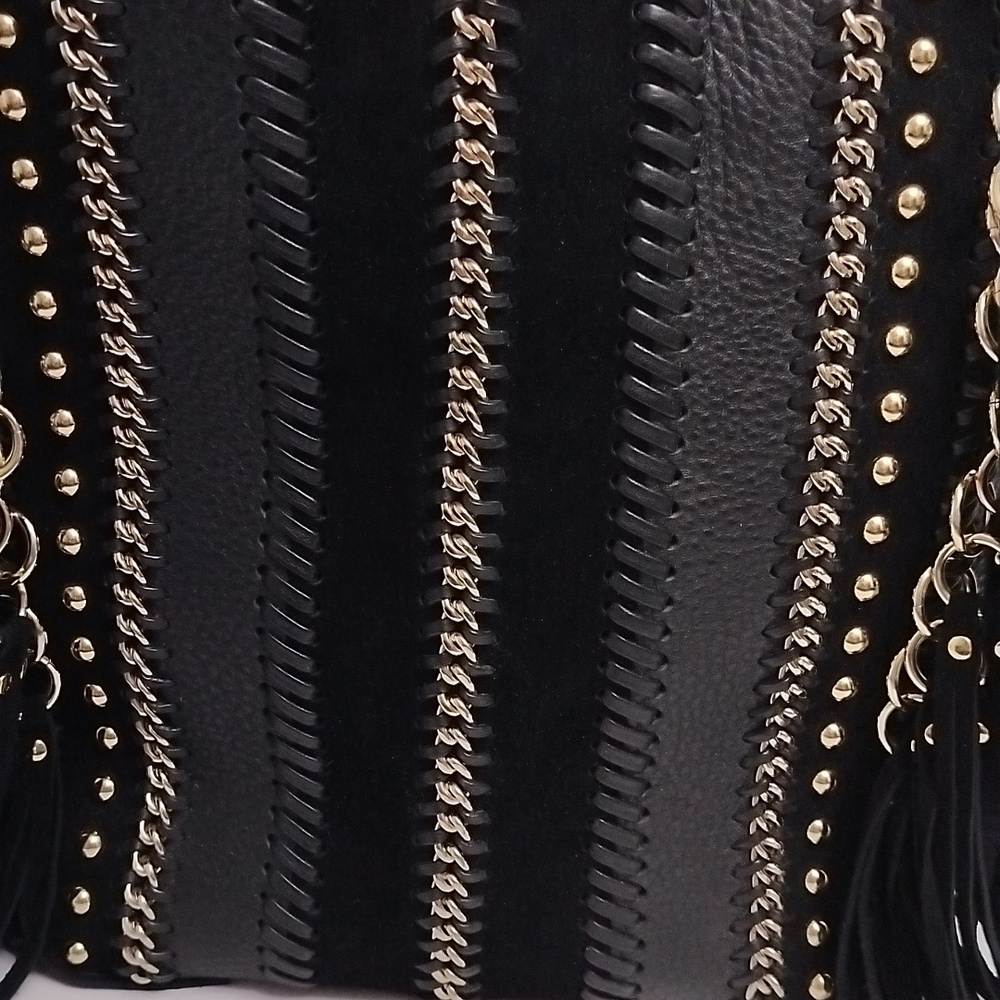 Calvin Klein L-Lynn Leather Fringe Chainlink Whipstitch Women's Hobo Handbag NWT - Picture 2 of 16